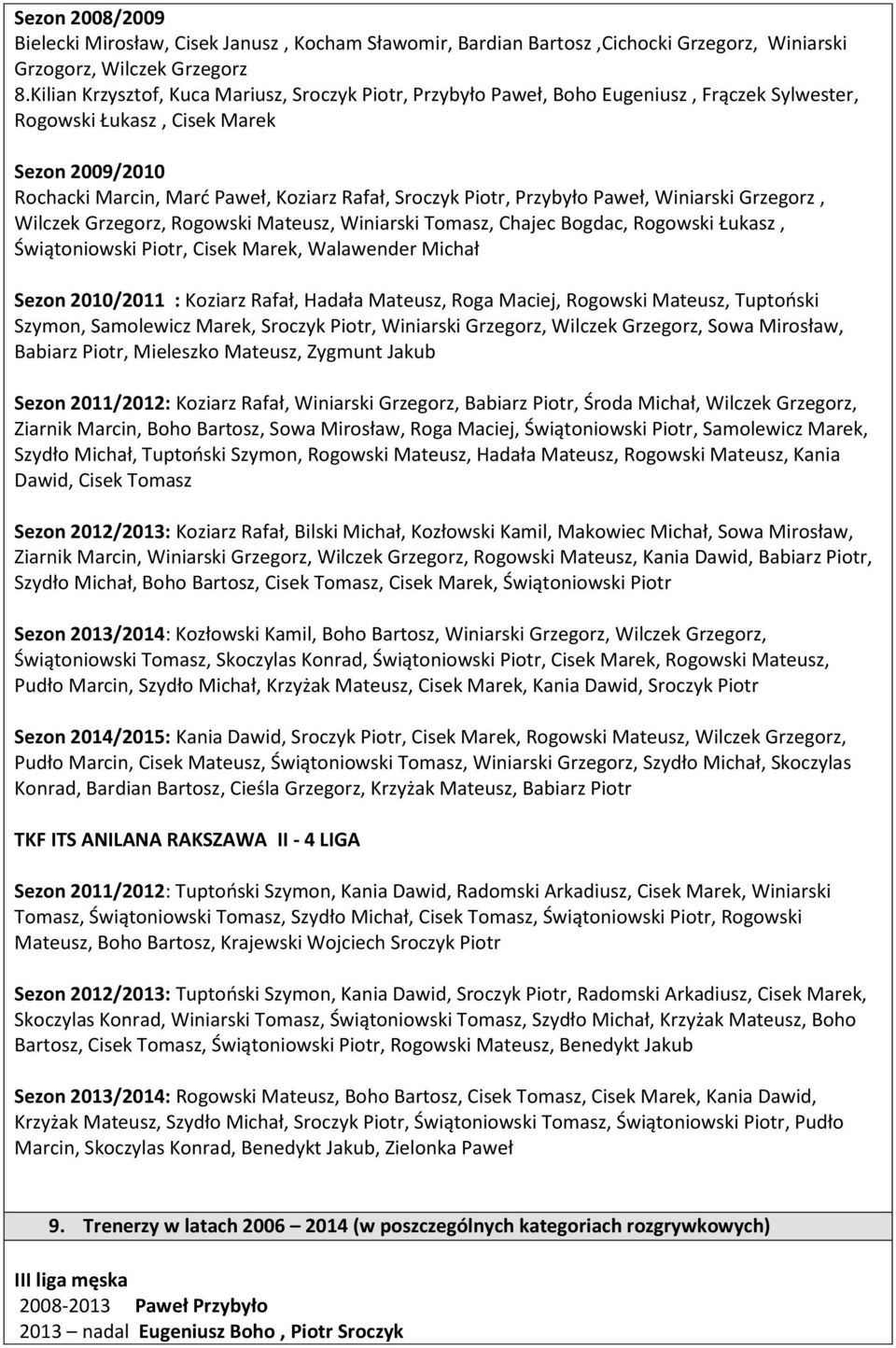 Piotr, Przybyło Paweł, Winiarski Grzegorz, Wilczek Grzegorz, Rogowski Mateusz, Winiarski Tomasz, Chajec Bogdac, Rogowski Łukasz, Świątoniowski Piotr, Cisek Marek, Walawender Michał Sezon 2010/2011 :