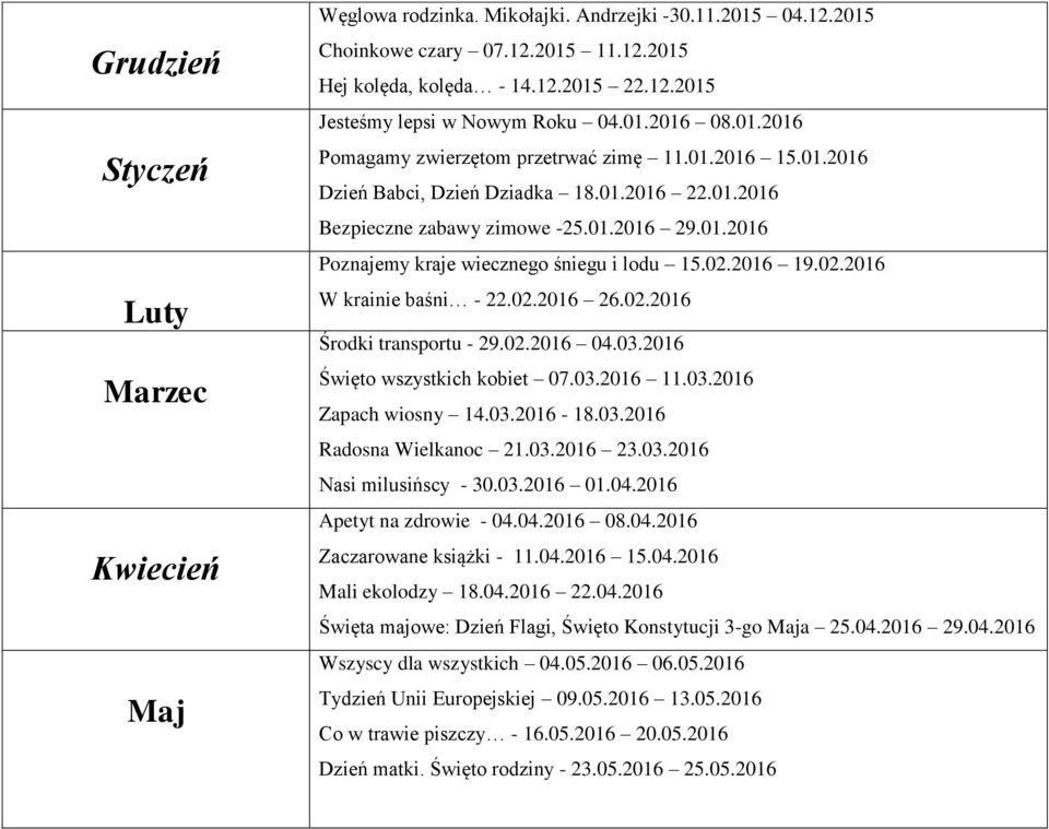 02.2016 19.02.2016 W krainie baśni - 22.02.2016 26.02.2016 Środki transportu - 29.02.2016 04.03.2016 Święto wszystkich kobiet 07.03.2016 11.03.2016 Zapach wiosny 14.03.2016-18.03.2016 Radosna Wielkanoc 21.