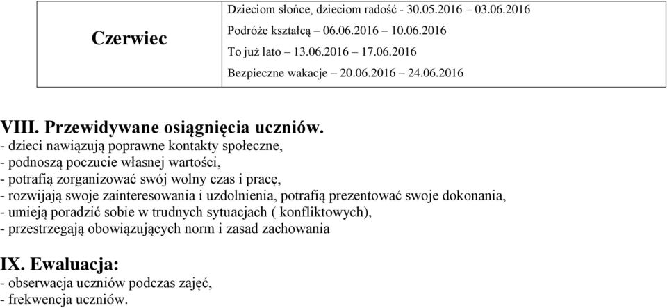- dzieci nawiązują poprawne kontakty społeczne, - podnoszą poczucie własnej wartości, - potrafią zorganizować swój wolny czas i pracę, - rozwijają swoje