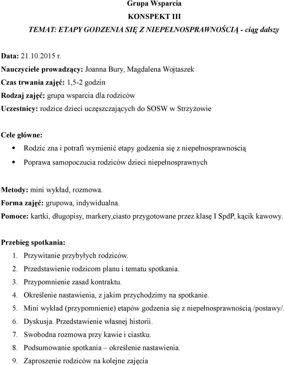 mini wykład, rozmowa.. Pomoce: kartki, długopisy, markery,ciasto przygotowane przez klasę I SpdP, kącik kawowy. 2. Przedstawienie rodzicom planu i tematu spotkania. 3. Przypomnienie zasad kontraktu.