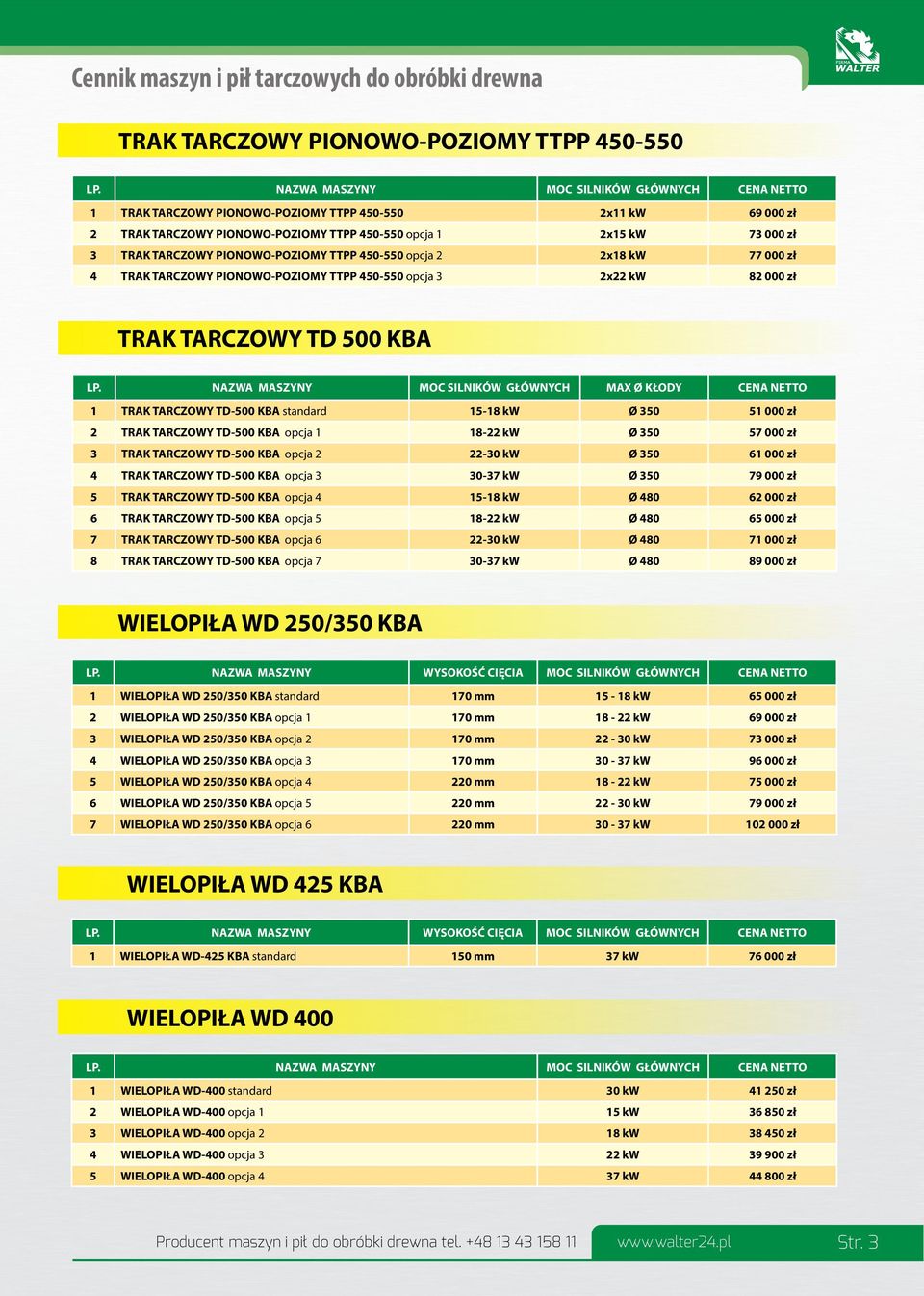 PIONOWO-POZIOMY TTPP - opcja 2 2x kw 77 000 zł 4 TRAK TARCZOWY PIONOWO-POZIOMY TTPP - opcja 3 2x22 kw 82 000 zł TRAK TARCZOWY TD KBA LP.