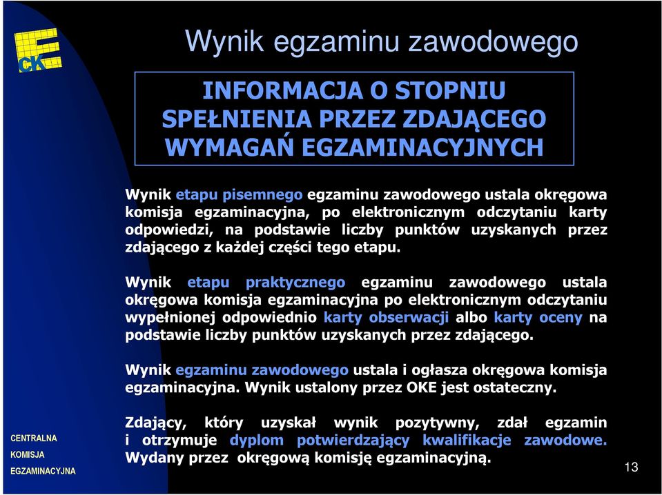 Wynik etapu praktycznego egzaminu zawodowego ustala okręgowa komisja egzaminacyjna po elektronicznym odczytaniu wypełnionej odpowiednio karty obserwacji albo karty oceny na podstawie liczby punktów