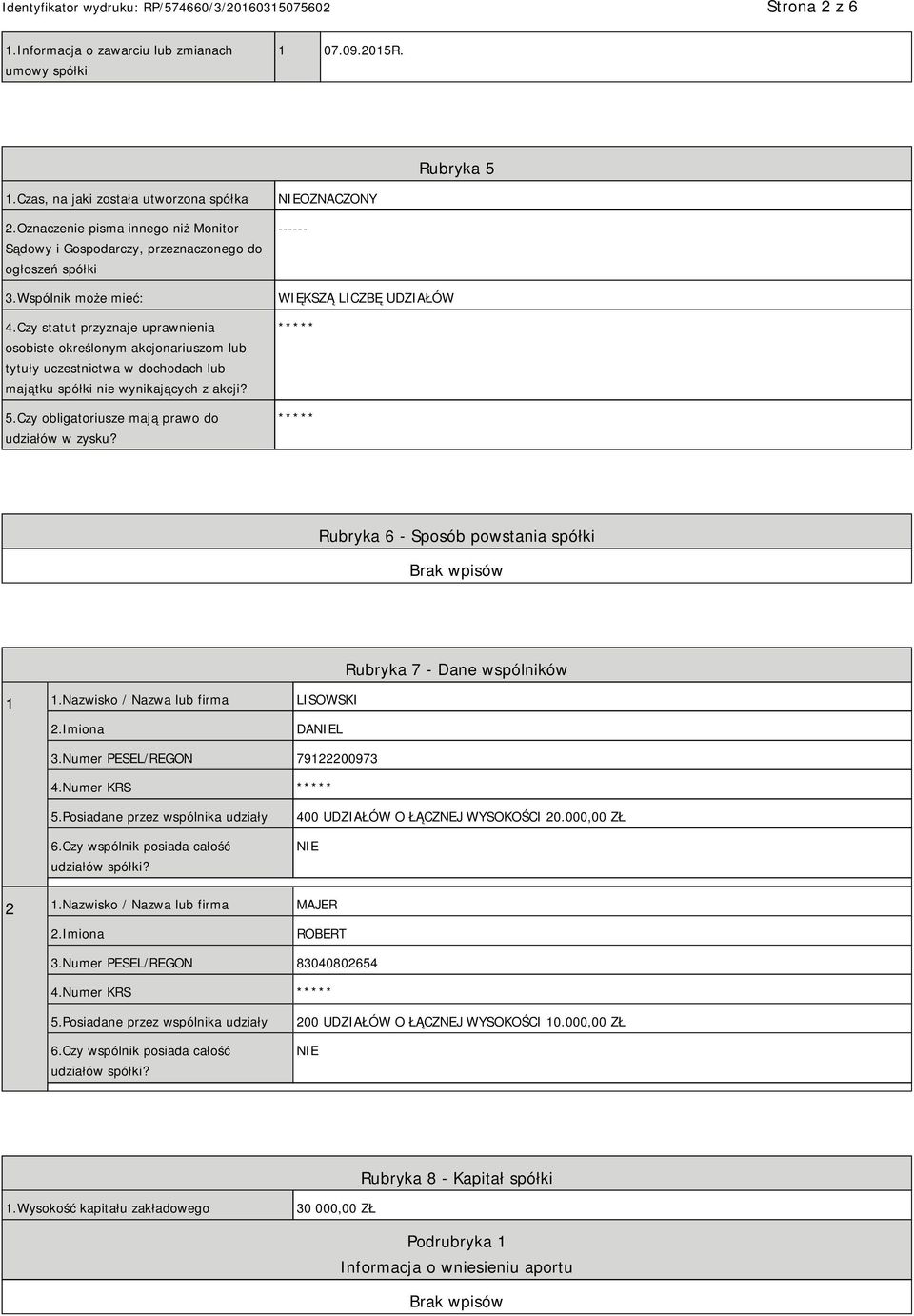 Czy statut przyznaje uprawnienia osobiste określonym akcjonariuszom lub tytuły uczestnictwa w dochodach lub majątku spółki nie wynikających z akcji? 5.