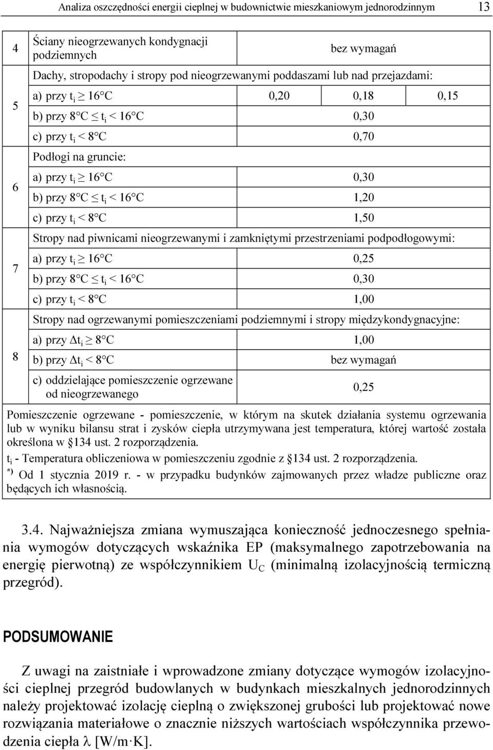 8 C 1,50 Stropy nad piwnicami nieogrzewanymi i zamkniętymi przestrzeniami podpodłogowymi: a) przy t i 16 C 0,25 b) przy 8 C t i < 16 C 0,30 c) przy t i < 8 C 1,00 Stropy nad ogrzewanymi