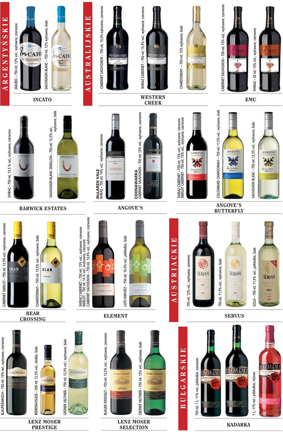 ; wytrawne, białe GOLD 750 ml; 11,5% vol.; półsłodkie, białe SERVUS BLAUFRÄNKISCH 750 ml; 13% vol.; wytrawne, czerwone BEERENAUSLESE 350 ml; 12,5% vol.