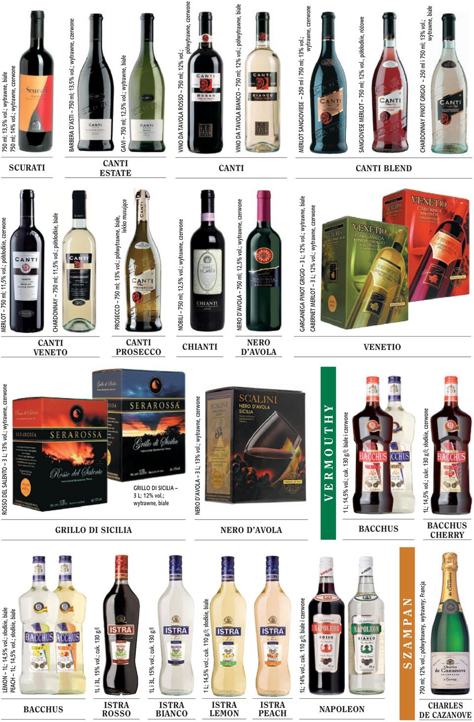 ; wytrawne, białe CABERNET MERLOT 3 L; 12% vol.; wytrawne, czerwone CANTI PROSECCO CHIANTI NERO D AVOLA VENETIO ROSSO DEL SALENTO 3 L; 13% vol.; wytrawne, czerwone GRILLO DI SICILIA 3 L; 12% vol.