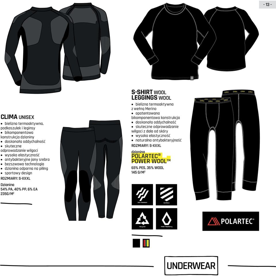 EA 235g/m 2 s-shirt wool leggings wool bielizna termoaktywna z wełną Merino opatentowana bikomponentowa konstrukcja doskonała oddychalność