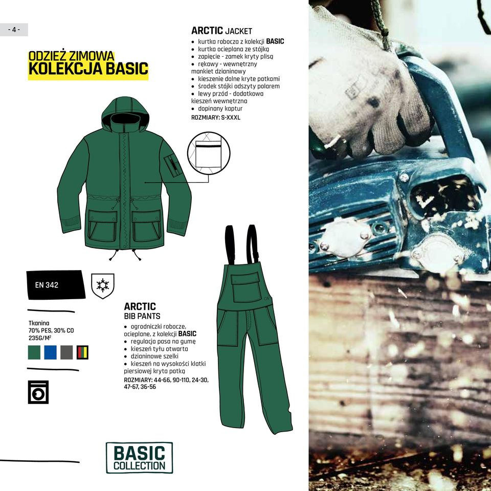 kieszeń wewnętrzna dopinany kaptur EN 342 70% pes, 30% co 235g/m 2 arctic bib pants ogrodniczki robocze, ocieplane, z kolekcji