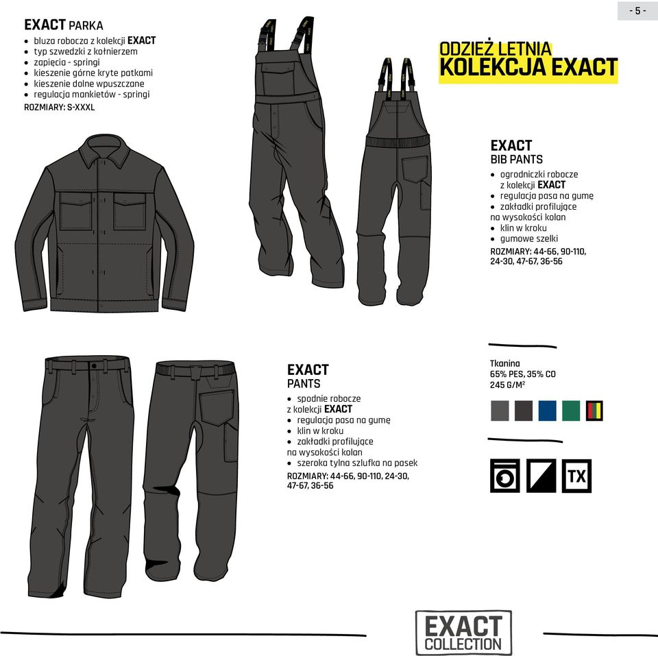 profilujące na wysokości kolan klin w kroku gumowe szelki rozmiary: 44-66, 90-110, 24-30, 47-67, 36-56 exact pants spodnie robocze z kolekcji