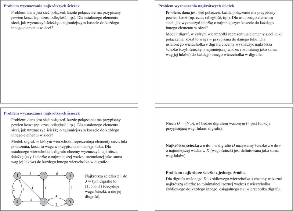 Model: digraf, w którym wierzchołki reprezentują elementy sieci, łuki połączenia, koszt to waga w przypisana do danego łuku.