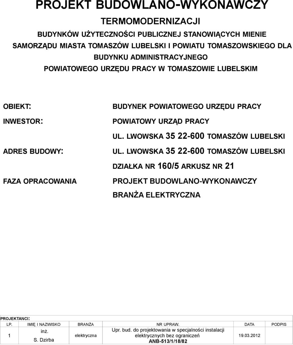 LWOWSKA 35 22-600 TOMASZÓW LUBELSKI ADRES BUDOWY: FAZA OPRACOWANIA UL.