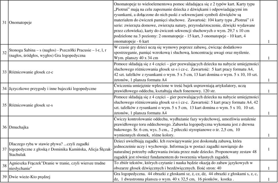 ...czyli zagadki logopedyczne z głoską r Dominika Kamińska, Alicja Ślęzak- Stachulak Agnieszka Frączek"Dranie w tranie, czyli wiersze trudne niesłychanie" 39 Dwie wieże-kto prędzej Onomatopeje to