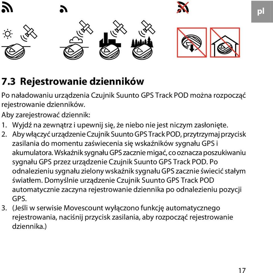 Aby włączyć urządzenie Czujnik Suunto GPS Track POD, przytrzymaj przycisk zasilania do momentu zaświecenia się wskaźników sygnału GPS i akumulatora.