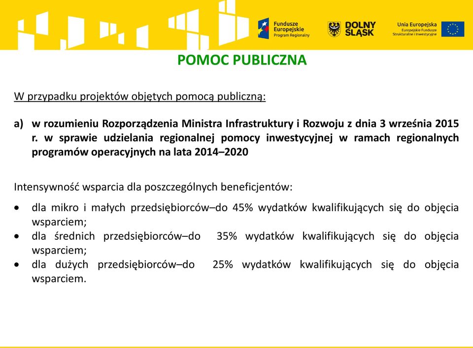 w sprawie udzielania regionalnej pomocy inwestycyjnej w ramach regionalnych programów operacyjnych na lata 2014 2020 Intensywność wsparcia dla