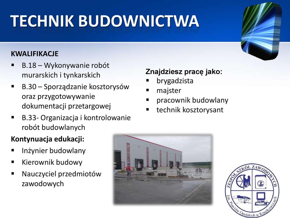 33- Organizacja i kontrolowanie robót budowlanych Kontynuacja edukacji: Inżynier budowlany