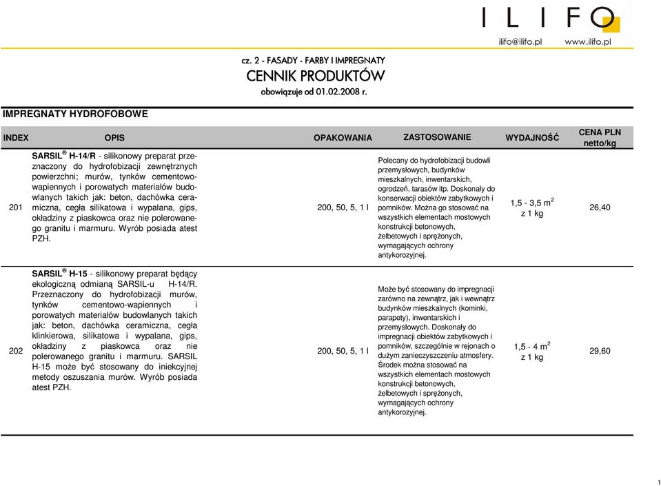 i porowatych materiałów budowlanych takich jak: beton, dachówka ceramiczna, cegła silikatowa i wypalana, gips, okładziny z piaskowca oraz nie polerowanego granitu i marmuru. Wyrób posiada atest PZH.