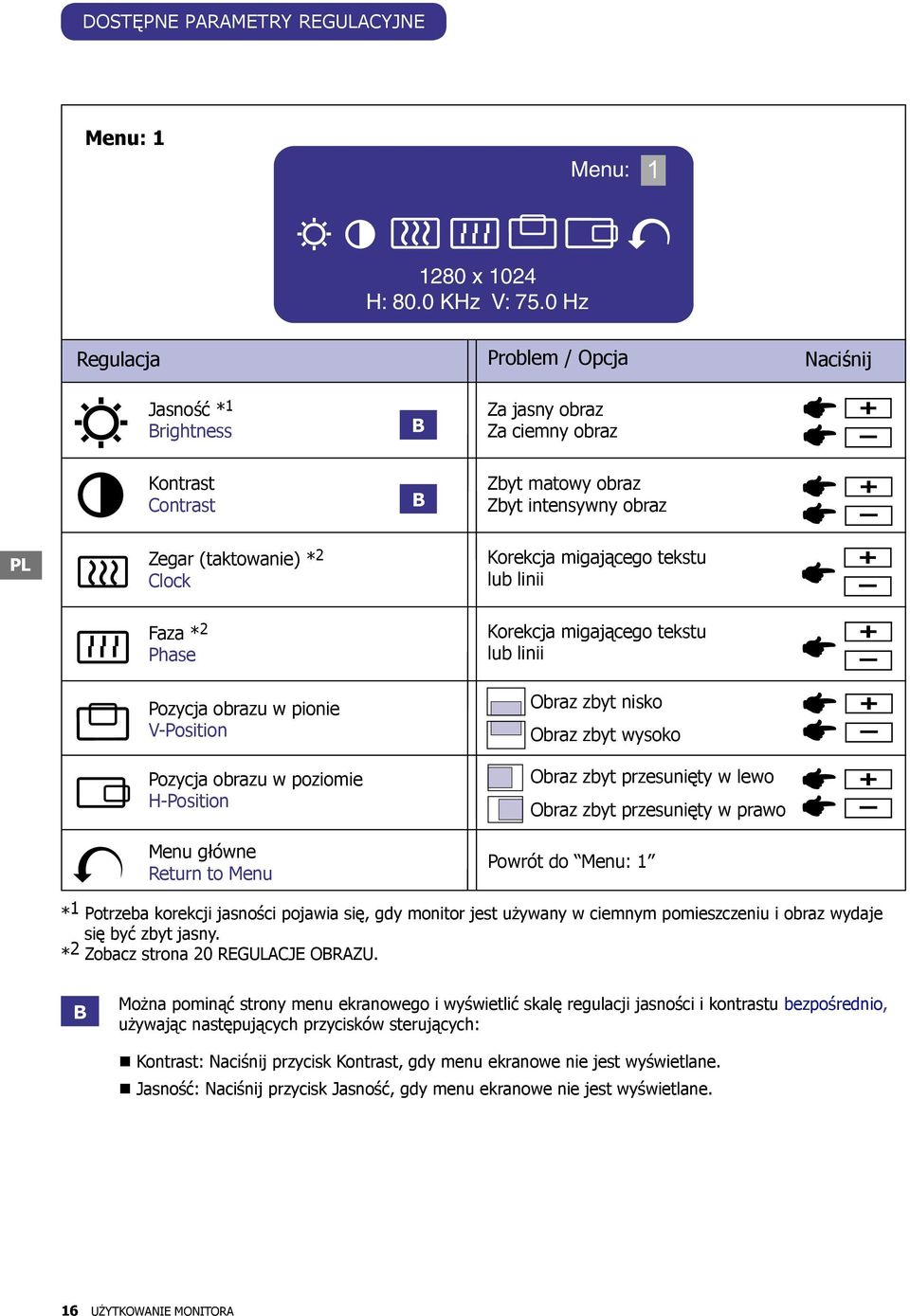 migającego tekstu lub linii Faza * 2 Phase Pozycja obrazu w pionie V-Position Pozycja obrazu w poziomie H-Position Menu główne Return to Menu Korekcja migającego tekstu lub linii Obraz zbyt nisko