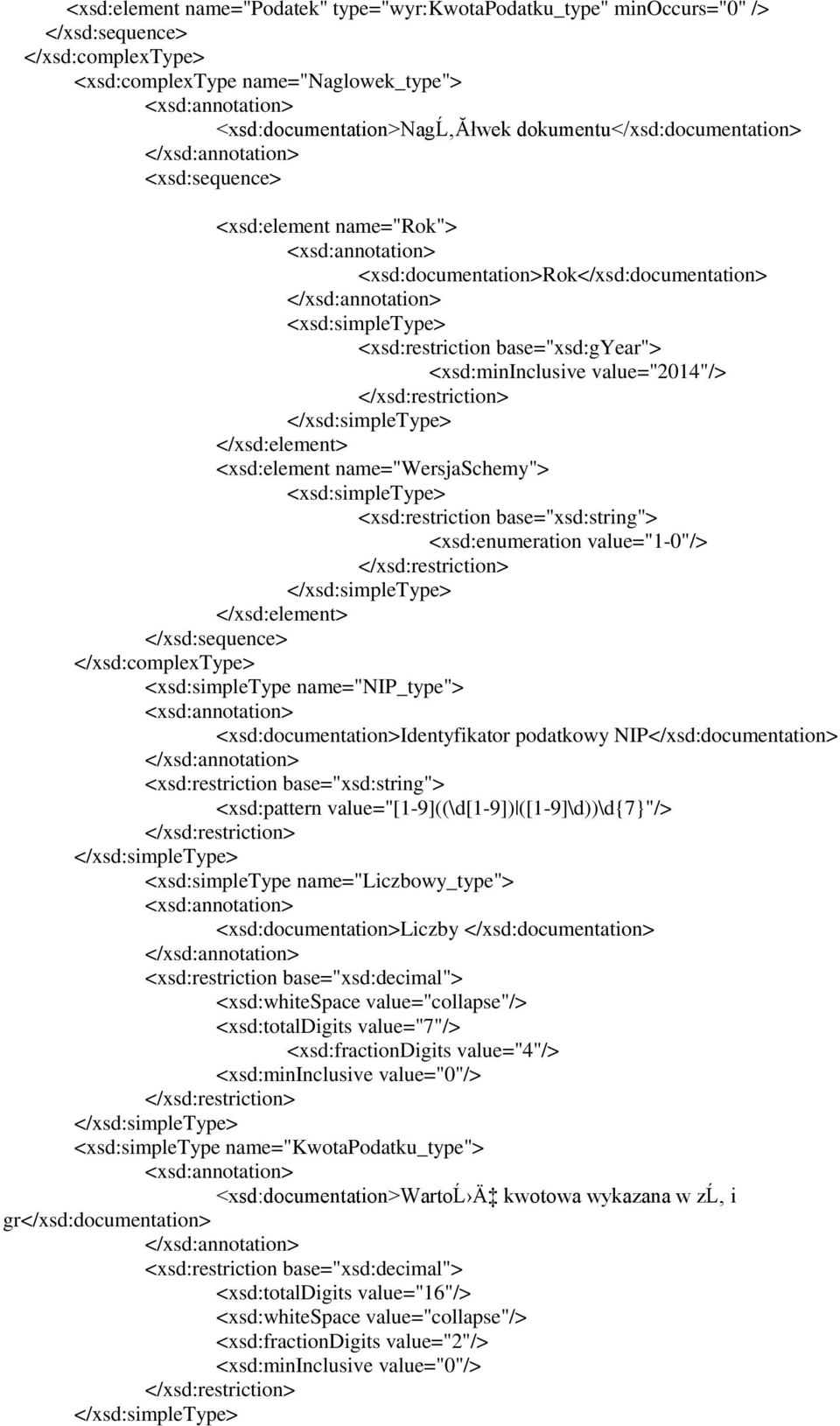 base="xsd:string"> <xsd:enumeration value="1-0"/> <xsd:simpletype name="nip_type"> <xsd:documentation>identyfikator podatkowy NIP</xsd:documentation> <xsd:restriction base="xsd:string"> <xsd:pattern