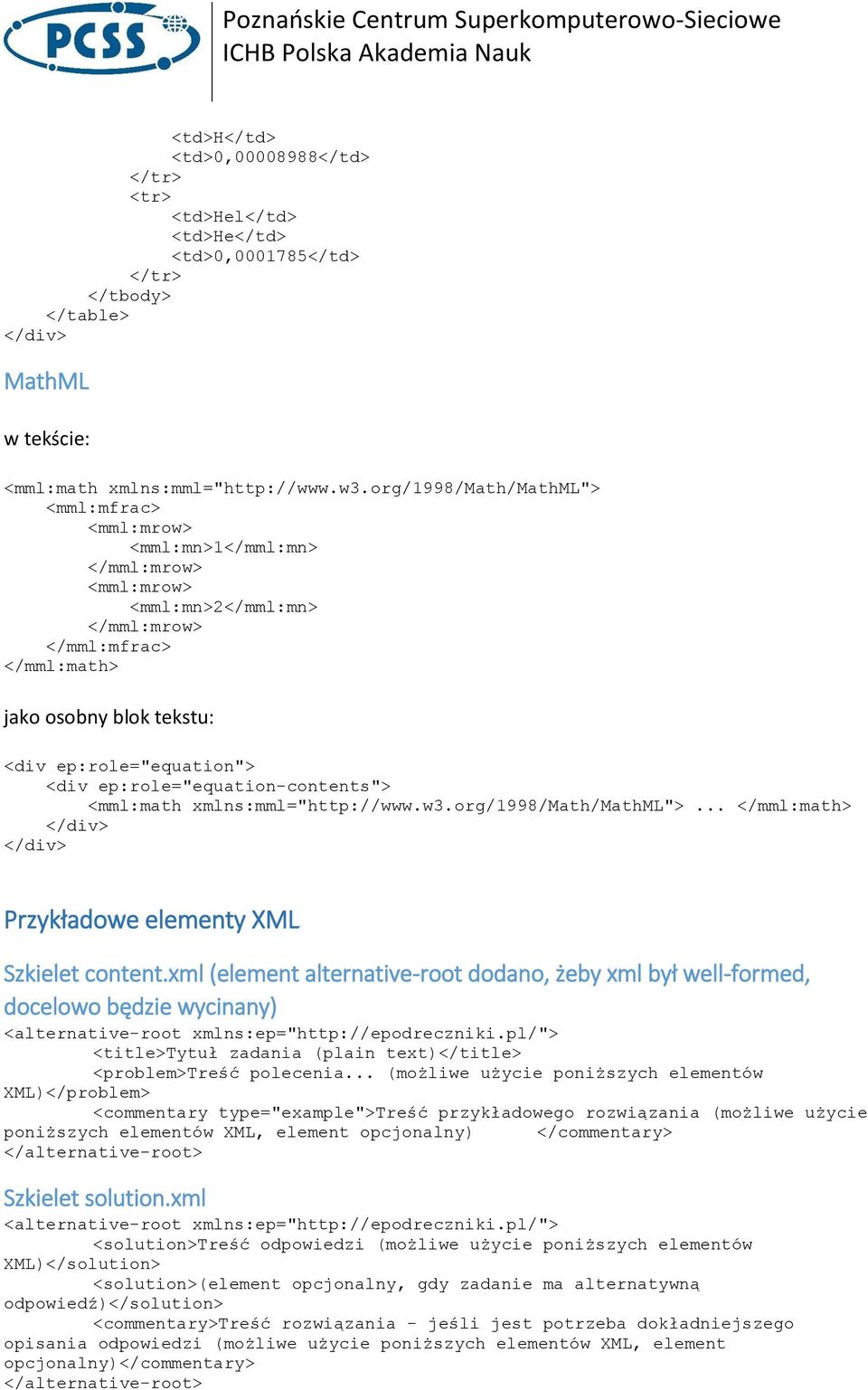 ep:role="equation-contents"> <mml:math xmlns:mml="http://www.w3.org/1998/math/mathml">... </mml:math> Przykładowe elementy XML Szkielet content.