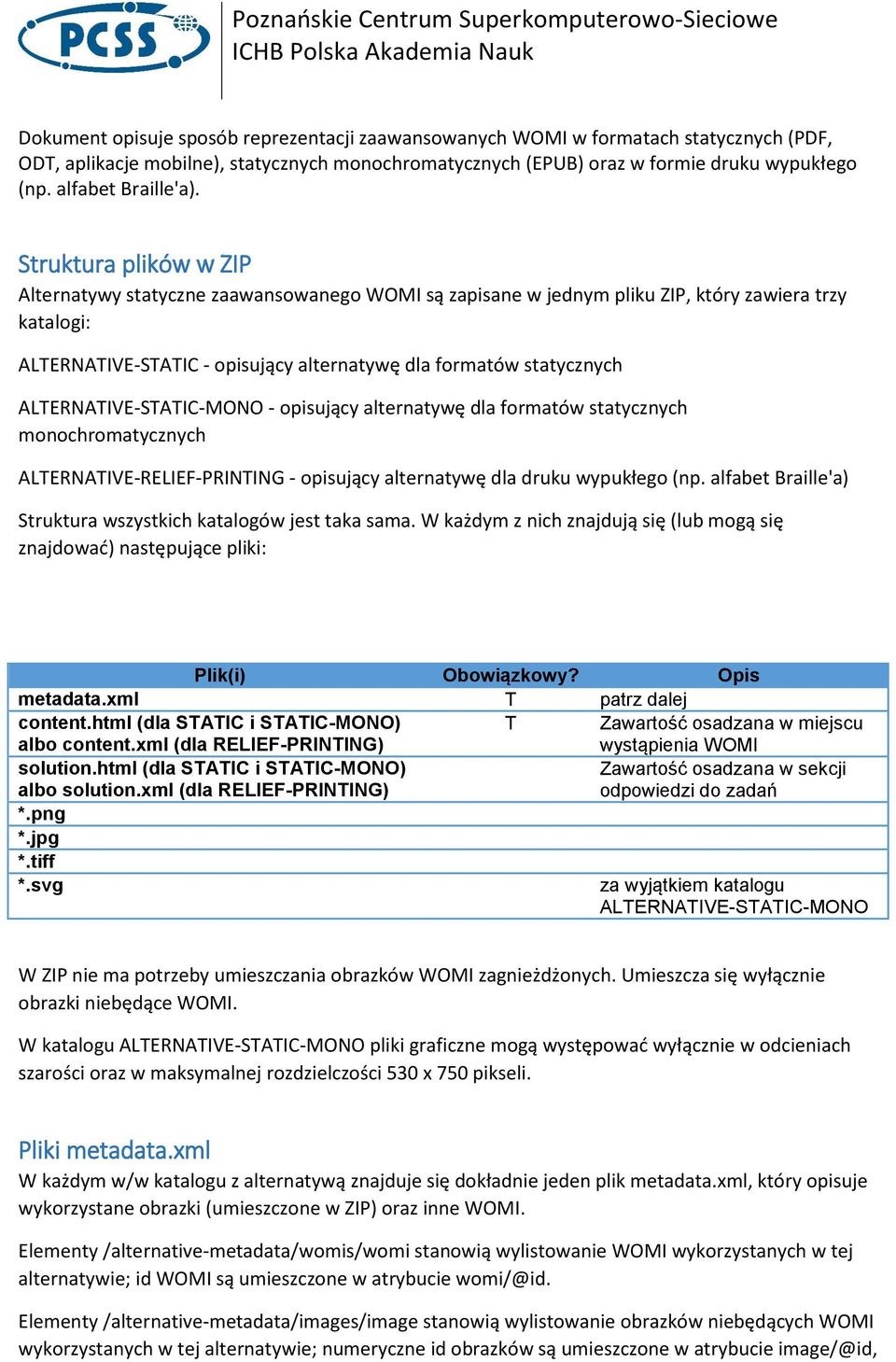 Struktura plików w ZIP Alternatywy statyczne zaawansowanego WOMI są zapisane w jednym pliku ZIP, który zawiera trzy katalogi: ALTERNATIVE-STATIC - opisujący alternatywę dla formatów statycznych