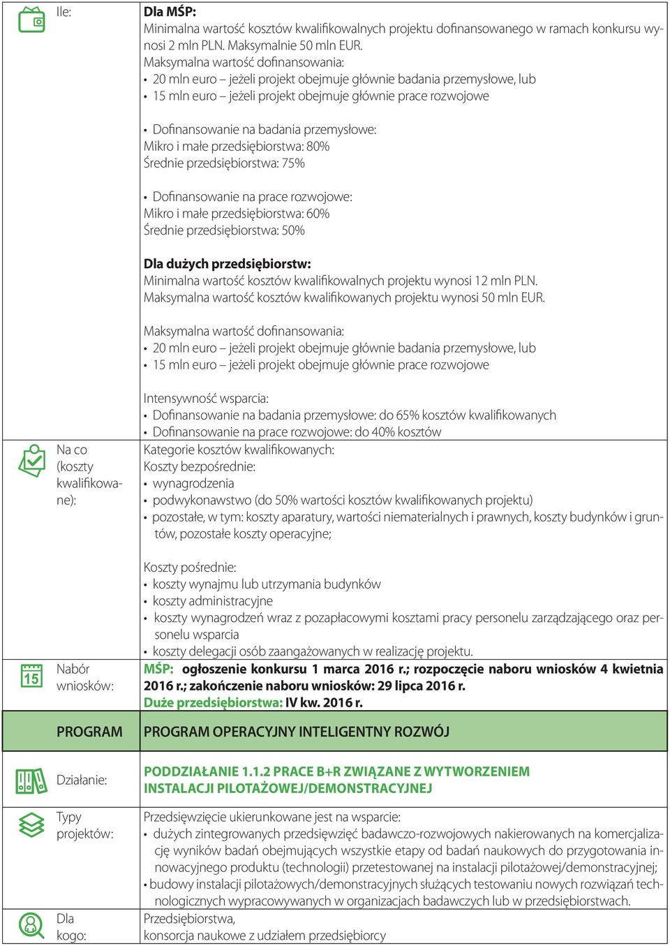przemysłowe: Mikro i małe przedsiębiorstwa: 80% Średnie przedsiębiorstwa: 75% Dofinansowanie na prace rozwojowe: Mikro i małe przedsiębiorstwa: 60% Średnie przedsiębiorstwa: 50% dużych