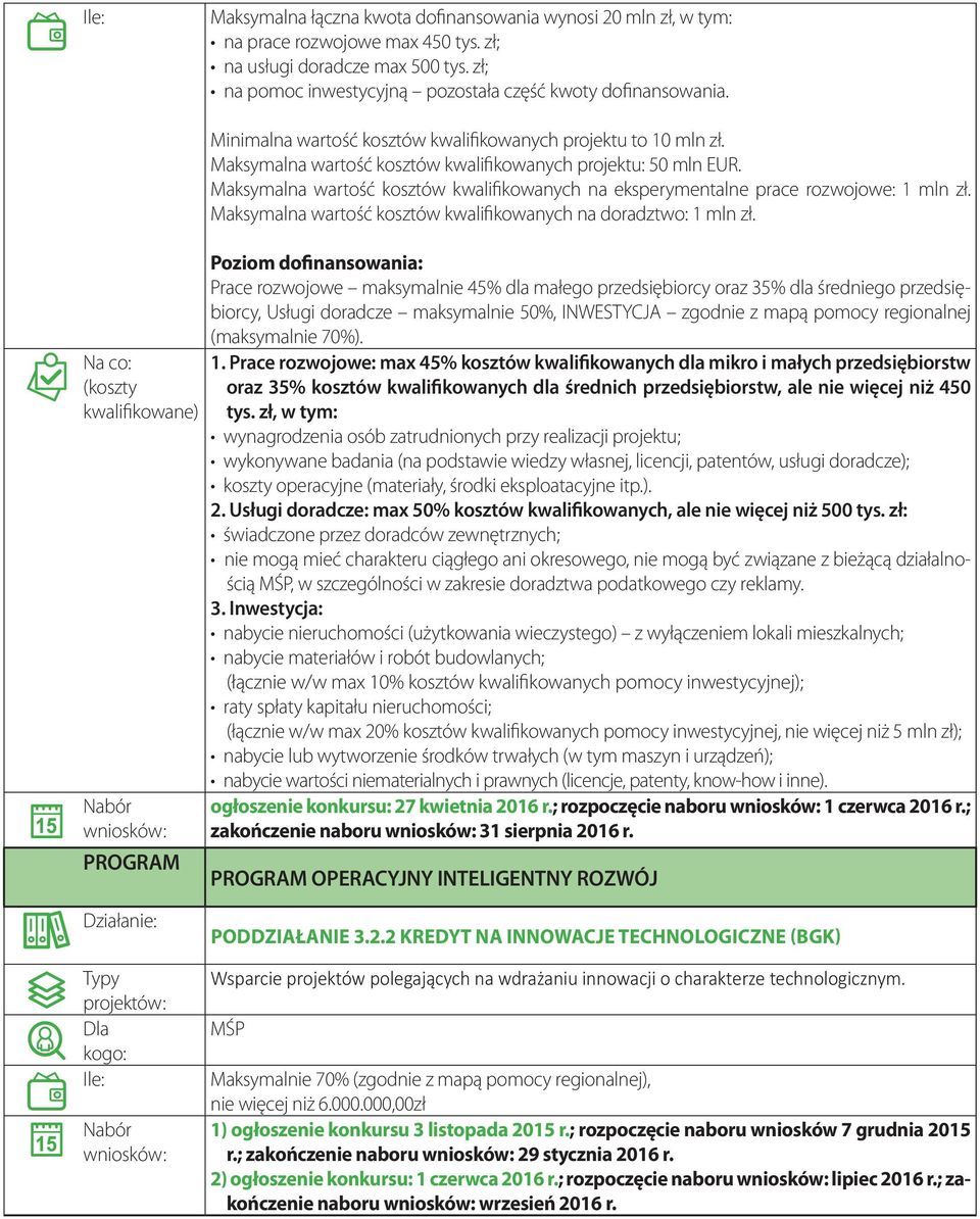 Maksymalna wartość kosztów kwalifikowanych na eksperymentalne prace rozwojowe: 1 mln zł. Maksymalna wartość kosztów kwalifikowanych na doradztwo: 1 mln zł.