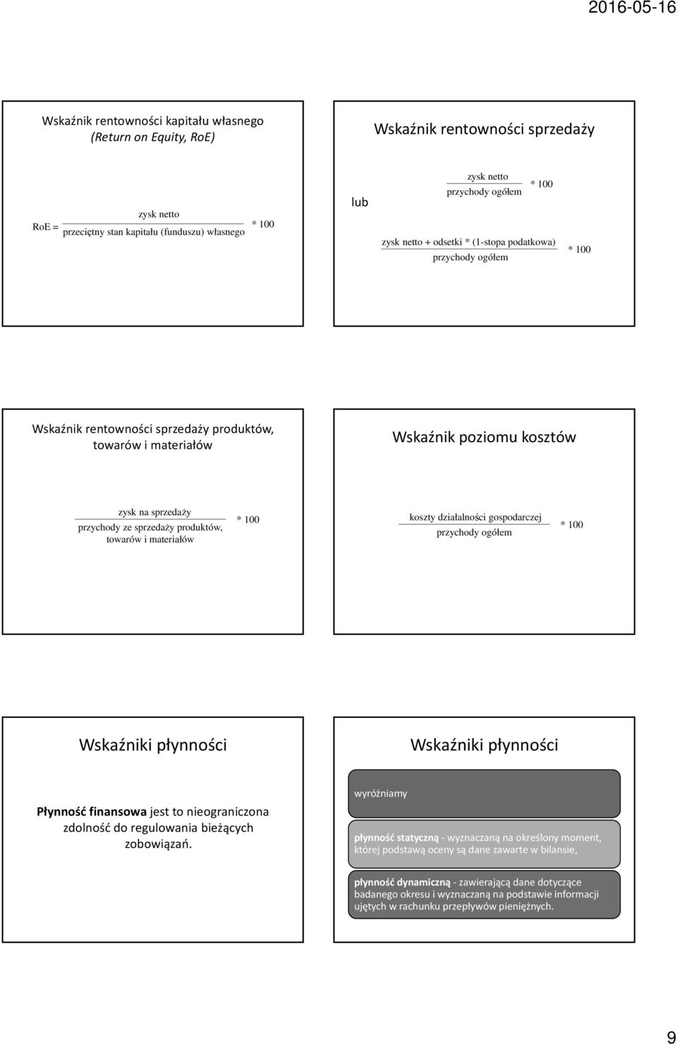 materiałów koszty działalności gospodarczej przychody ogółem Wskaźniki płynności Wskaźniki płynności Płynność finansowajest to nieograniczona zdolność do regulowania bieżących zobowiązań.