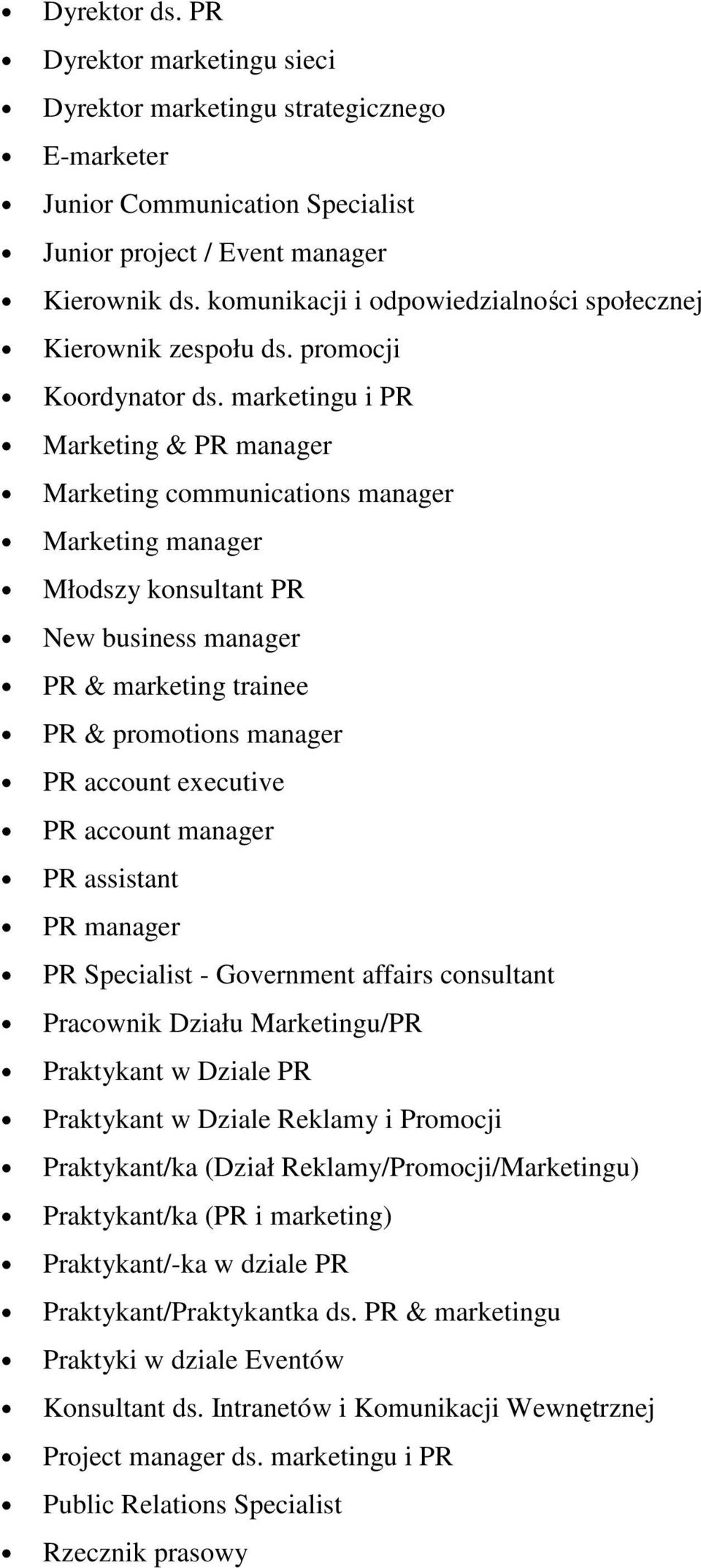 marketingu i PR Marketing & PR manager Marketing communications manager Marketing manager Młodszy konsultant PR New business manager PR & marketing trainee PR & promotions manager PR account