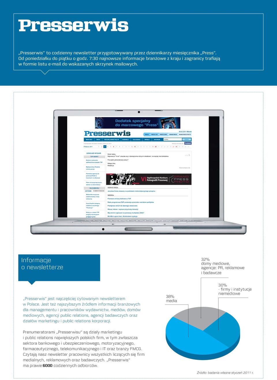 Informacje onewsletterze 32% domy mediowe, agencje: PR, reklamowe i badawcze Presserwis jest najczęściej cytowanym newsletterem w Polsce.