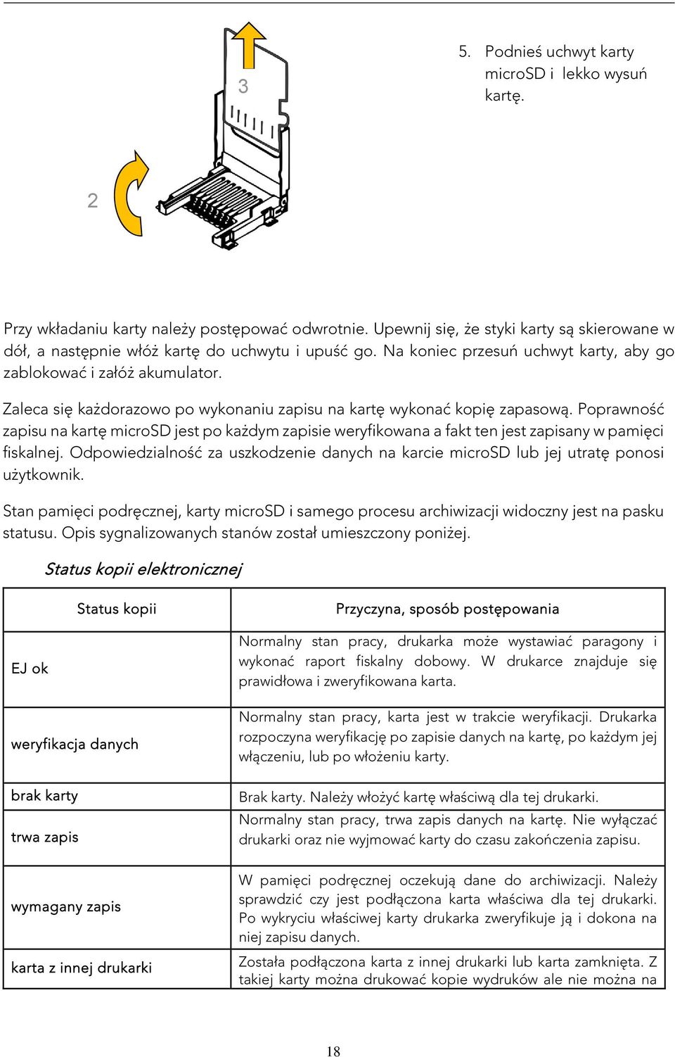 Zaleca się każdorazowo po wykonaniu zapisu na kartę wykonać kopię zapasową. Poprawność zapisu na kartę microsd jest po każdym zapisie weryfikowana a fakt ten jest zapisany w pamięci fiskalnej.