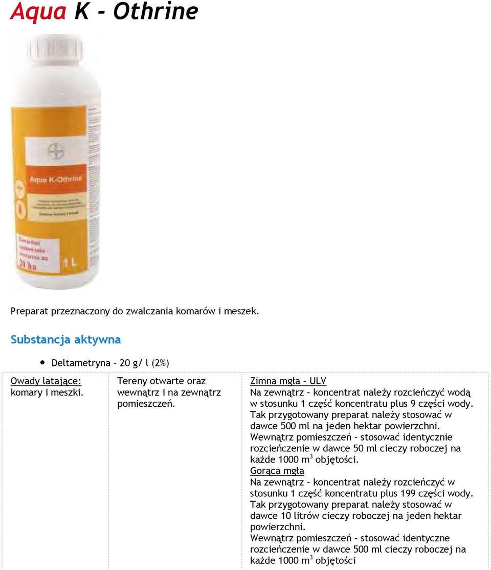 Tak przygotowany preparat należy stosować w dawce 500 ml na jeden hektar powierzchni. Wewnątrz pomieszczeń stosować identycznie rozcieńczenie w dawce 50 ml cieczy roboczej na każde 1000 m 3 objętości.