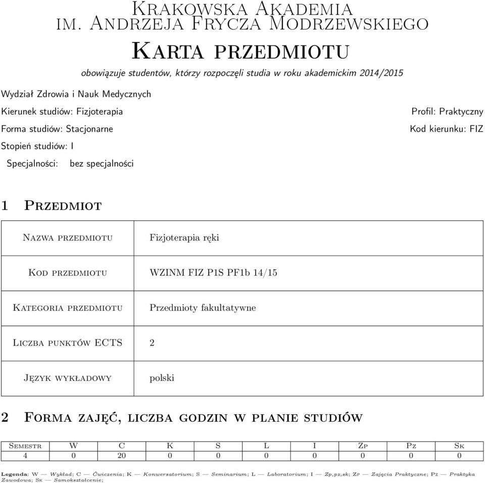 Forma studiów: Stacjonarne Stopień studiów: I Specjalności: bez specjalności Profil: Praktyczny Kod kierunku: FIZ 1 Przedmiot Nazwa Fizjoterapia ręki Kod WZINM FIZ P1S PF1b