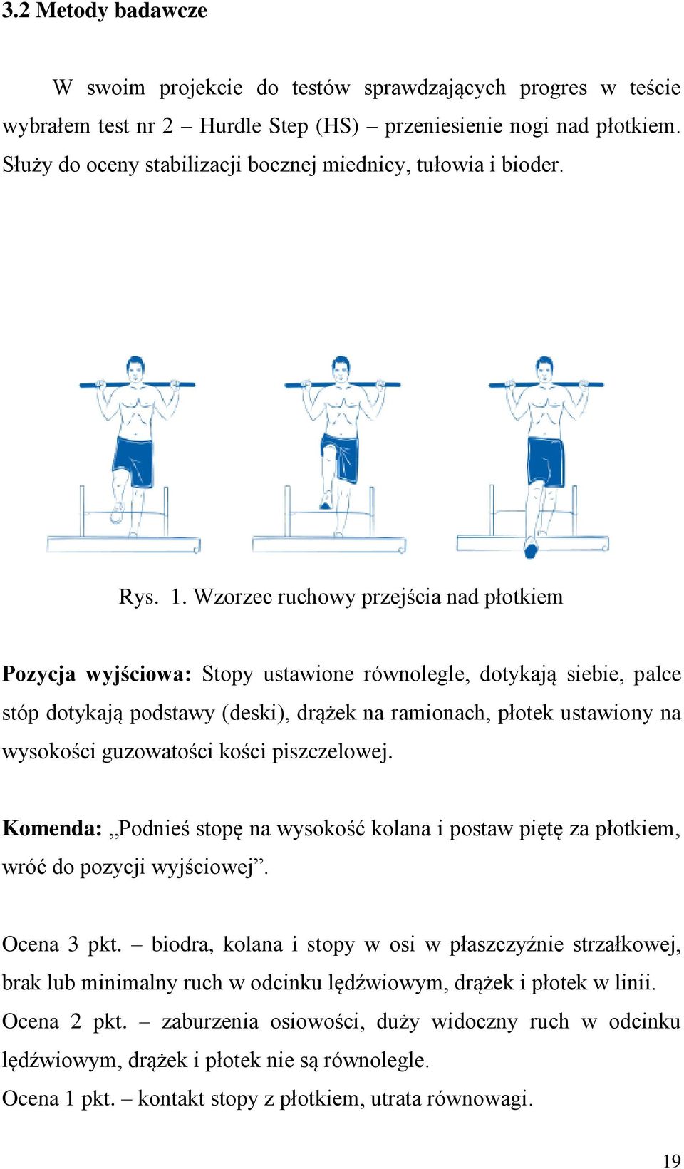 Wzorzec ruchowy przejścia nad płotkiem Pozycja wyjściowa: Stopy ustawione równolegle, dotykają siebie, palce stóp dotykają podstawy (deski), drążek na ramionach, płotek ustawiony na wysokości