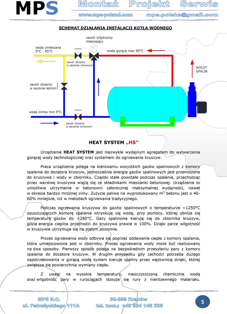 Praca urządzenia polega na kierowaniu wszystkich gazów spalinowych z komory spalania do dozatora kruszyw, jednocześnie energia gazów spalinowych jest przenoszona do kruszywa i wody w zbiorniku.