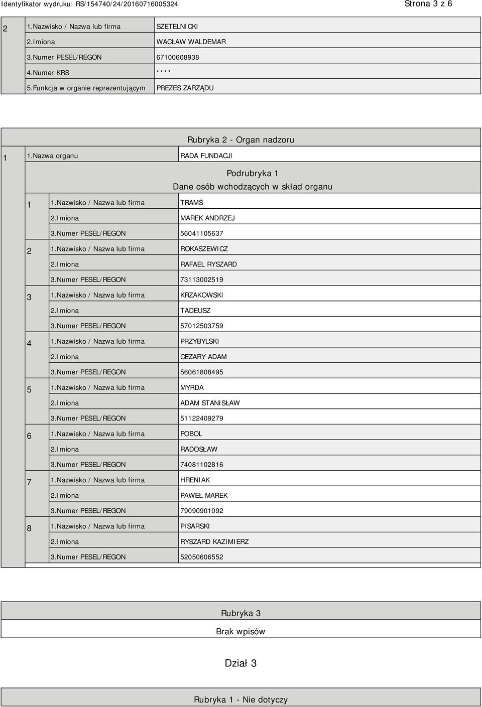 Nazwisko / Nazwa lub firma TRAMŚ MAREK ANDRZEJ 3.Numer PESEL/REGON 56041105637 2 1.Nazwisko / Nazwa lub firma ROKASZEWICZ RAFAEL RYSZARD 3.Numer PESEL/REGON 73113002519 3 1.