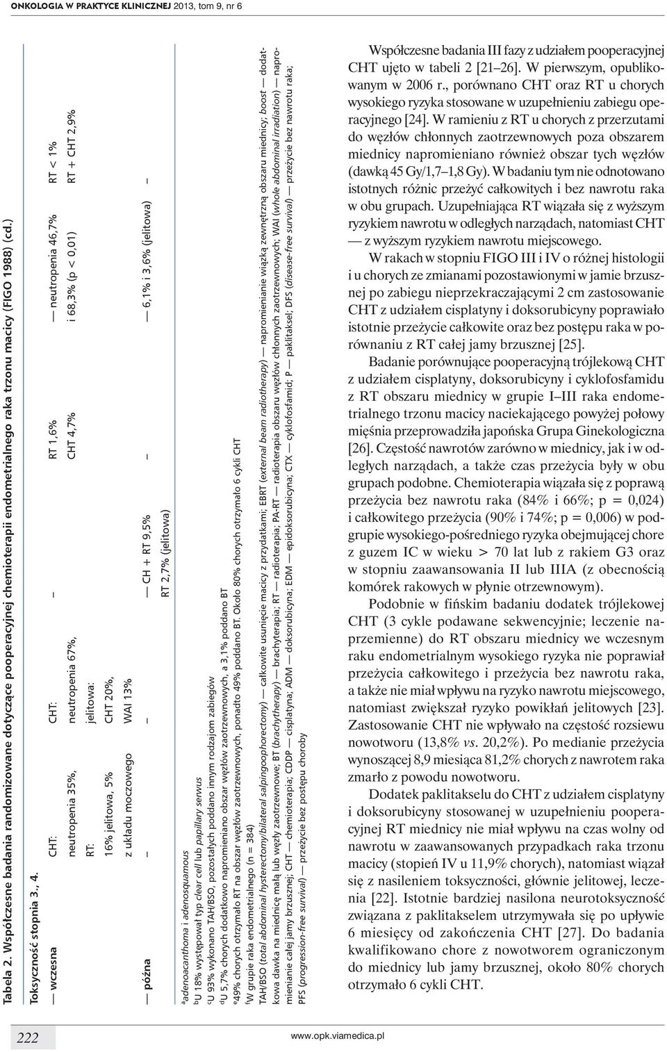 wczesna CHT: neutropenia 35%, jelitowa: RT: CHT 20%, 16% jelitowa, 5% WAI 13% z układu moczowego późna CH + RT 9,5% 6,1% i 3,6% (jelitowa) RT 2,7% (jelitowa) a adenoacanthoma i adenosquamous b U 18%