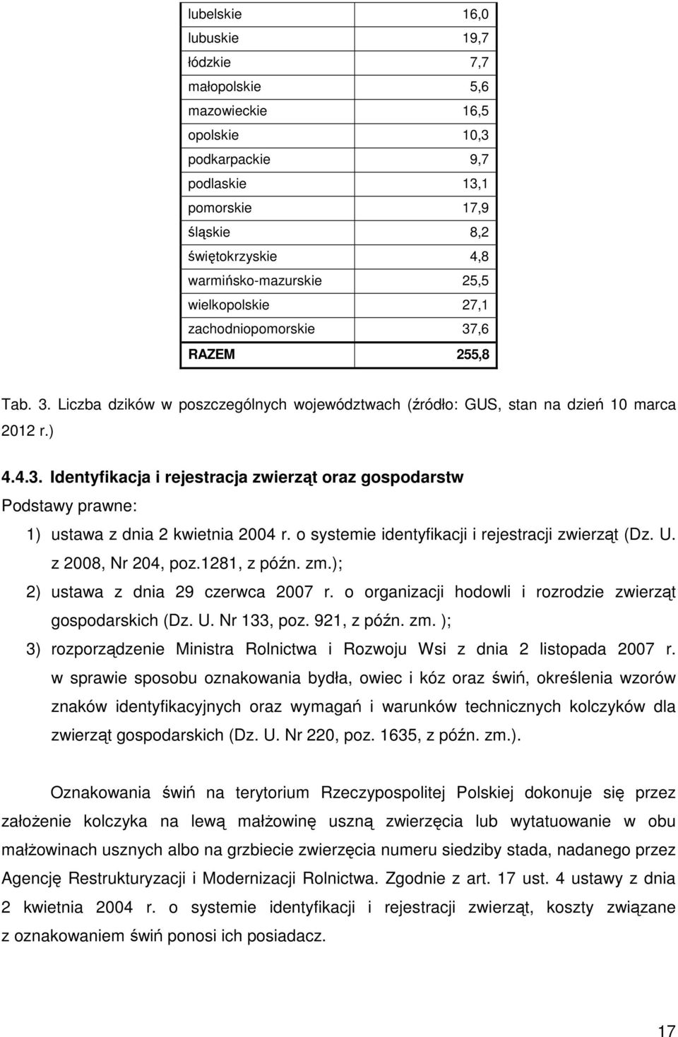 o systemie identyfikacji i rejestracji zwierząt (Dz. U. z 2008, Nr 204, poz.1281, z późn. zm.); 2) ustawa z dnia 29 czerwca 2007 r. o organizacji hodowli i rozrodzie zwierząt gospodarskich (Dz. U. Nr 133, poz.