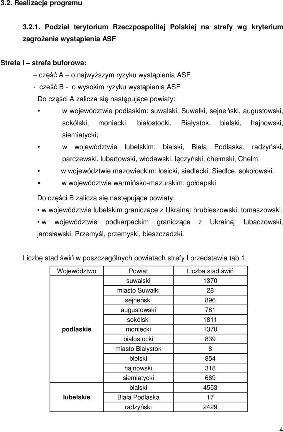 wystąpienia ASF Do części A zalicza się następujące powiaty: w województwie podlaskim: suwalski, Suwałki, sejneński, augustowski, sokólski, moniecki, białostocki, Białystok, bielski, hajnowski,