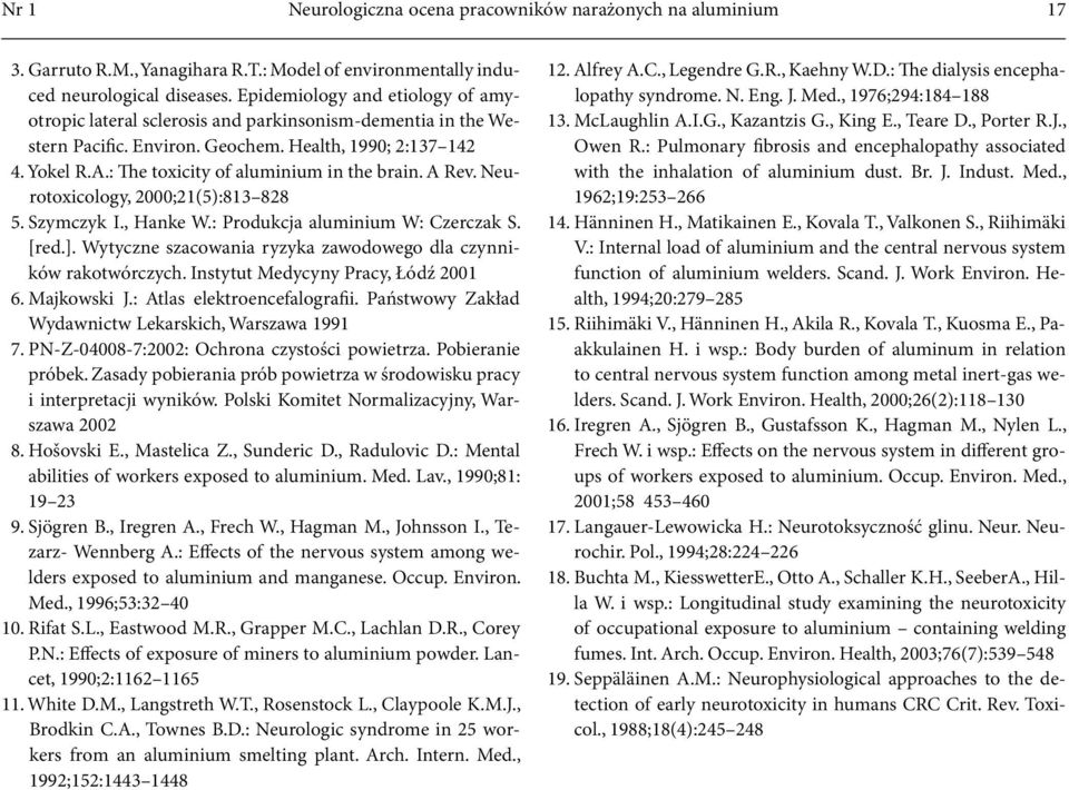 : The toxicity of aluminium in the brain. A Rev. Neurotoxicology, 2000;21(5):813 828 5. Szymczyk I., Hanke W.: Produkcja aluminium W: Czerczak S. [red.].