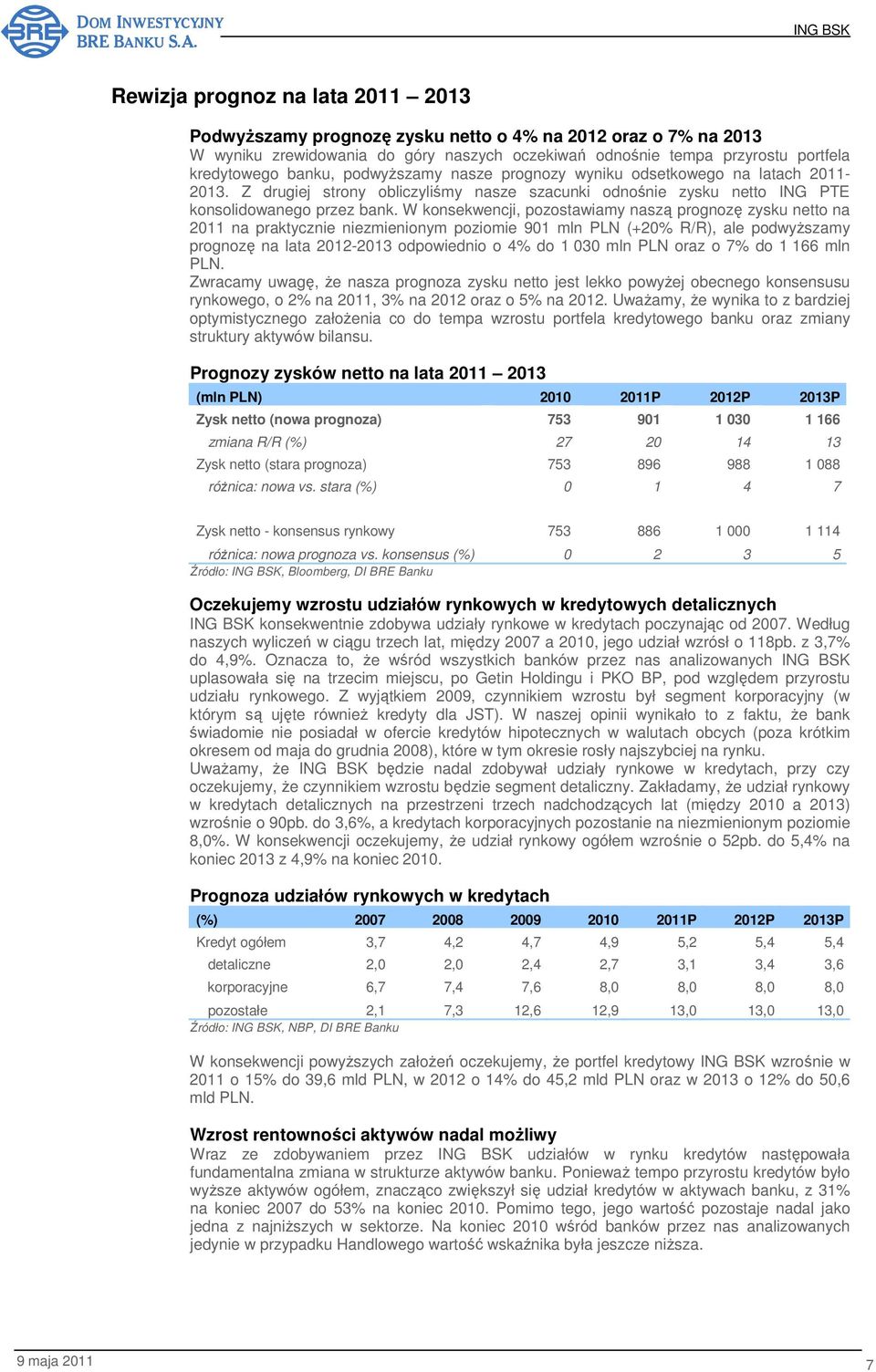 W konsekwencji, pozostawiamy naszą prognozę zysku netto na 2011 na praktycznie niezmienionym poziomie 901 mln PLN (+20% R/R), ale podwyŝszamy prognozę na lata 2012-2013 odpowiednio o 4% do 1 030 mln