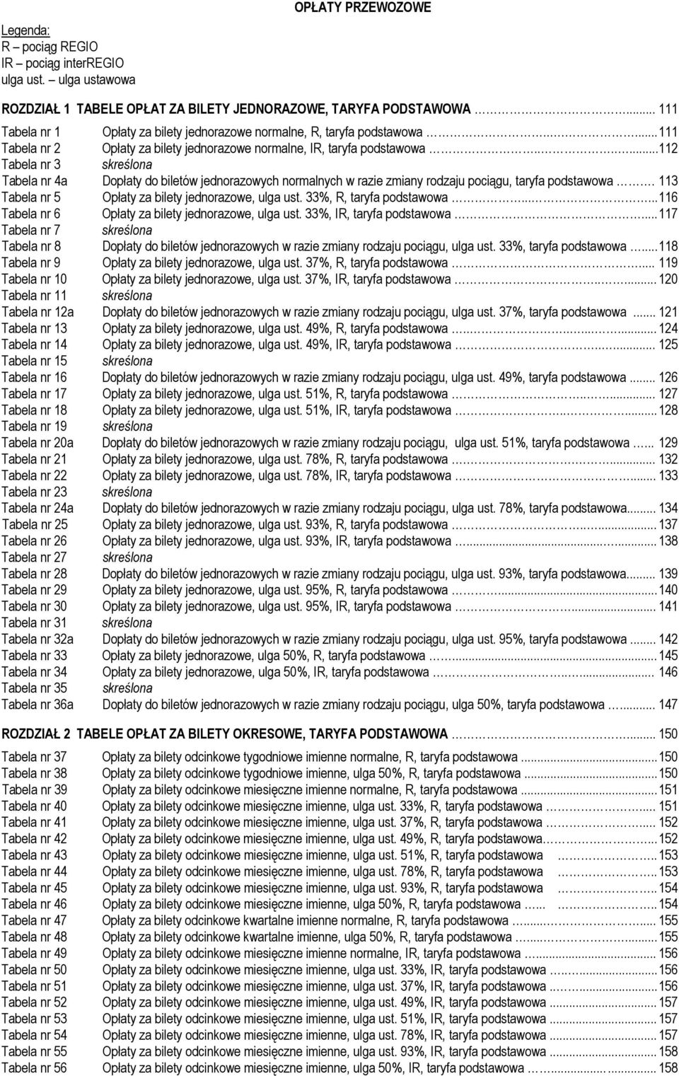 ......112 Tabela nr 3 skreślona Tabela nr 4a Dopłaty do biletów jednorazowych normalnych w razie zmiany rodzaju pociągu, taryfa podstawowa. 113 Tabela nr 5 Opłaty za bilety jednorazowe, ulga ust.