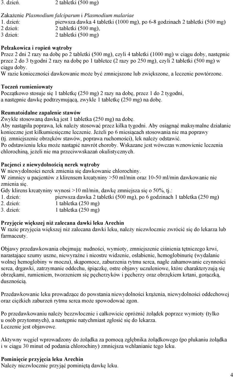 2 tabletki (500 mg), czyli 4 tabletki (1000 mg) w ciągu doby, następnie przez 2 do 3 tygodni 2 razy na dobę po 1 tabletce (2 razy po 250 mg), czyli 2 tabletki (500 mg) w ciągu doby.