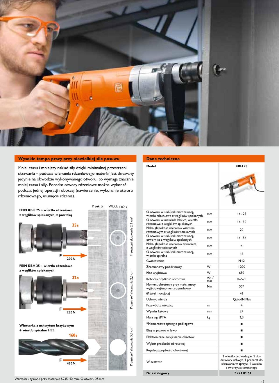 Dane techniczne Model KBH 25 FEIN KBH 25 + wiertło rdzeniowe z węglików spiekanych, z powłoką FEIN KBH 25 + wiertło rdzeniowe z węglików spiekanych 25 s 32 s Wiertarka z uchwytem krzyżowym + wiertło