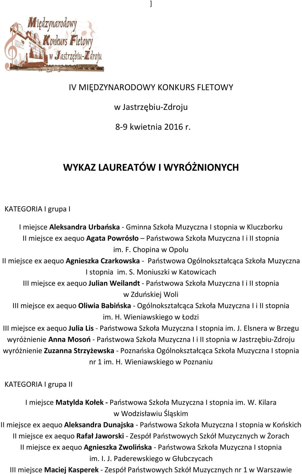 stopnia im. F. Chopina w Opolu II miejsce ex aequo Agnieszka Czarkowska - Państwowa Ogólnokształcąca Sz