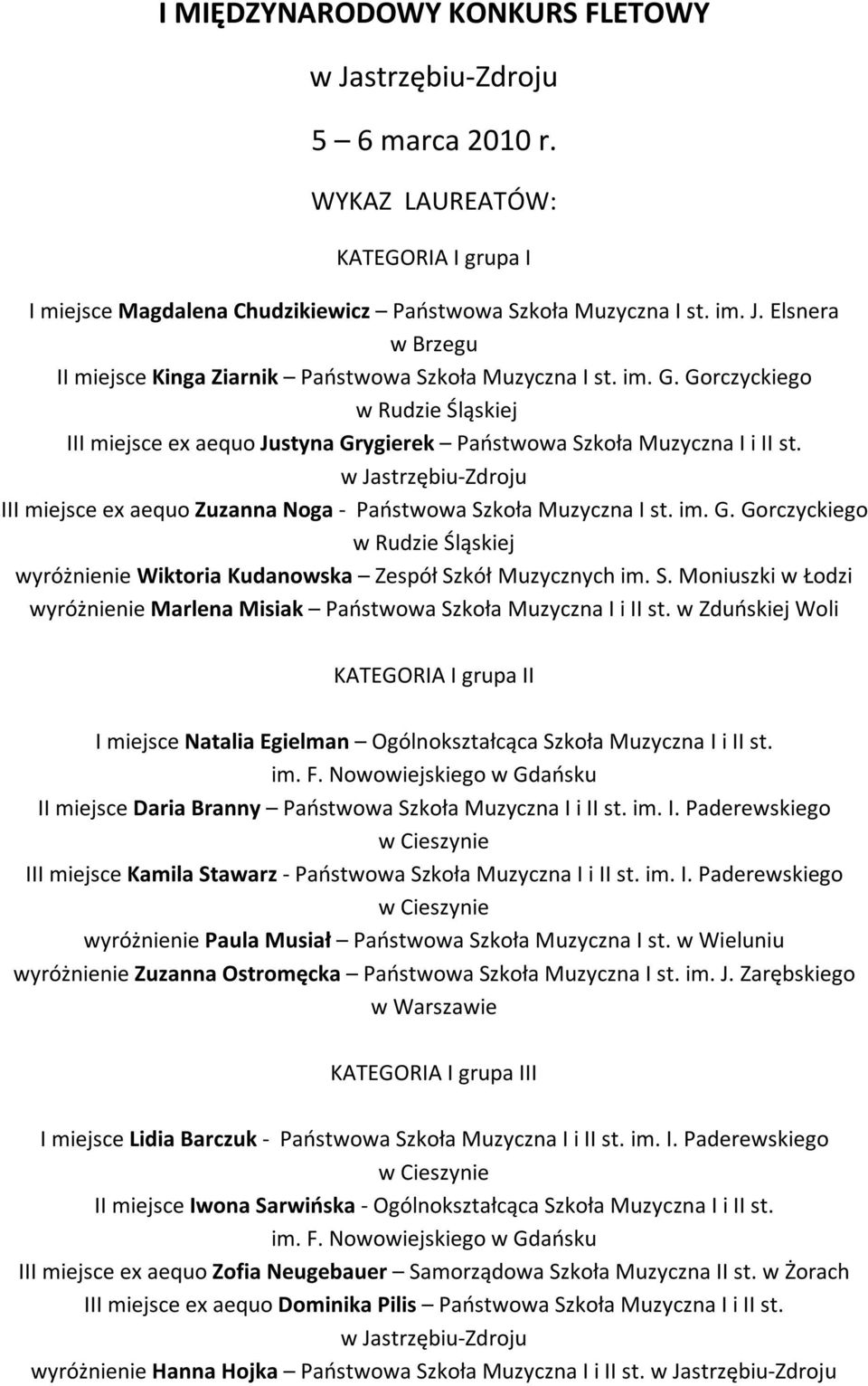 III miejsce ex aequo Zuzanna Noga - Państwowa Szkoła Muzyczna I st. im. G. Gorczyckiego w Rudzie Śląskiej wyróżnienie Wiktoria Kudanowska Zespół Szkół Muzycznych im. S. Moniuszki w Łodzi wyróżnienie Marlena Misiak Państwowa Szkoła Muzyczna I i II st.