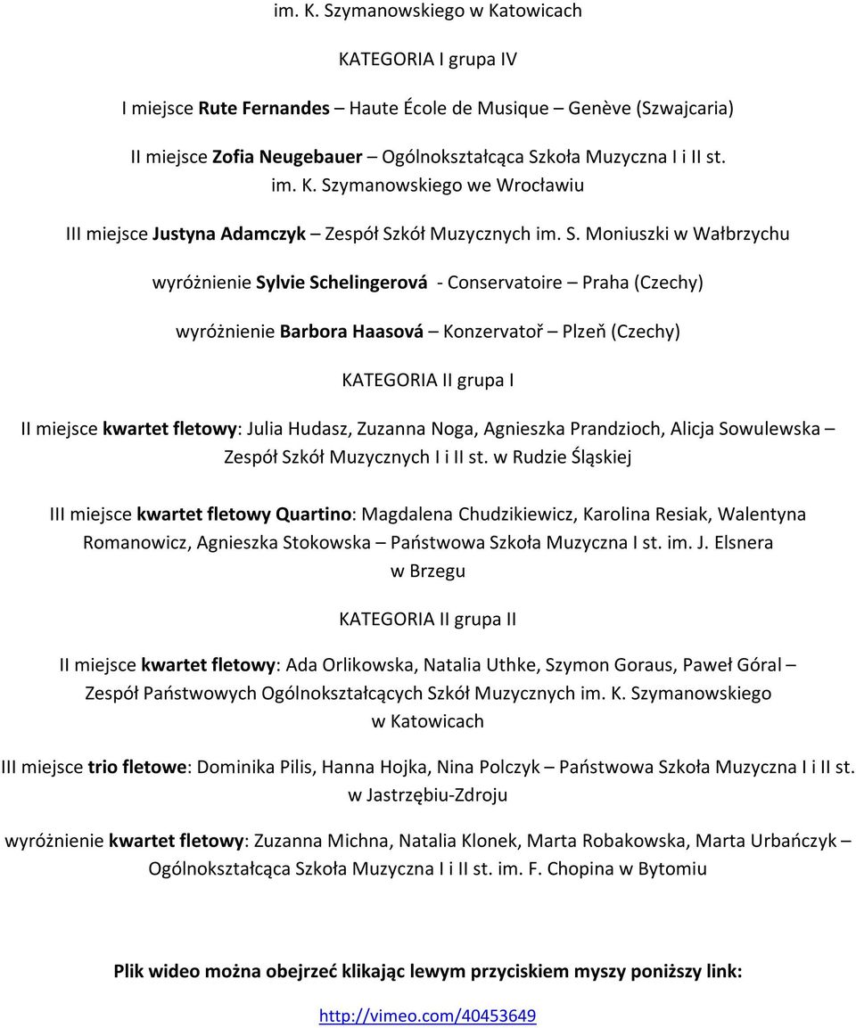 Haasová Konzervatoř Plzeň (Czechy) KATEGORIA II grupa I II miejsce kwartet fletowy: Julia Hudasz, Zuzanna Noga, Agnieszka Prandzioch, Alicja Sowulewska Zespół Szkół Muzycznych I i II st.
