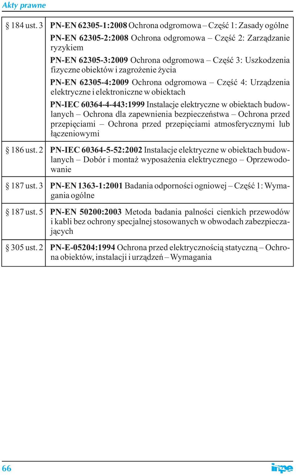 obiektów i zagrożenie życia PN-EN 62305-4:2009 Ochrona odgromowa Część 4: Urządzenia elektryczne i elektroniczne w obiektach PN-IEC 60364-4-443:1999 Instalacje elektryczne w obiektach budowlanych