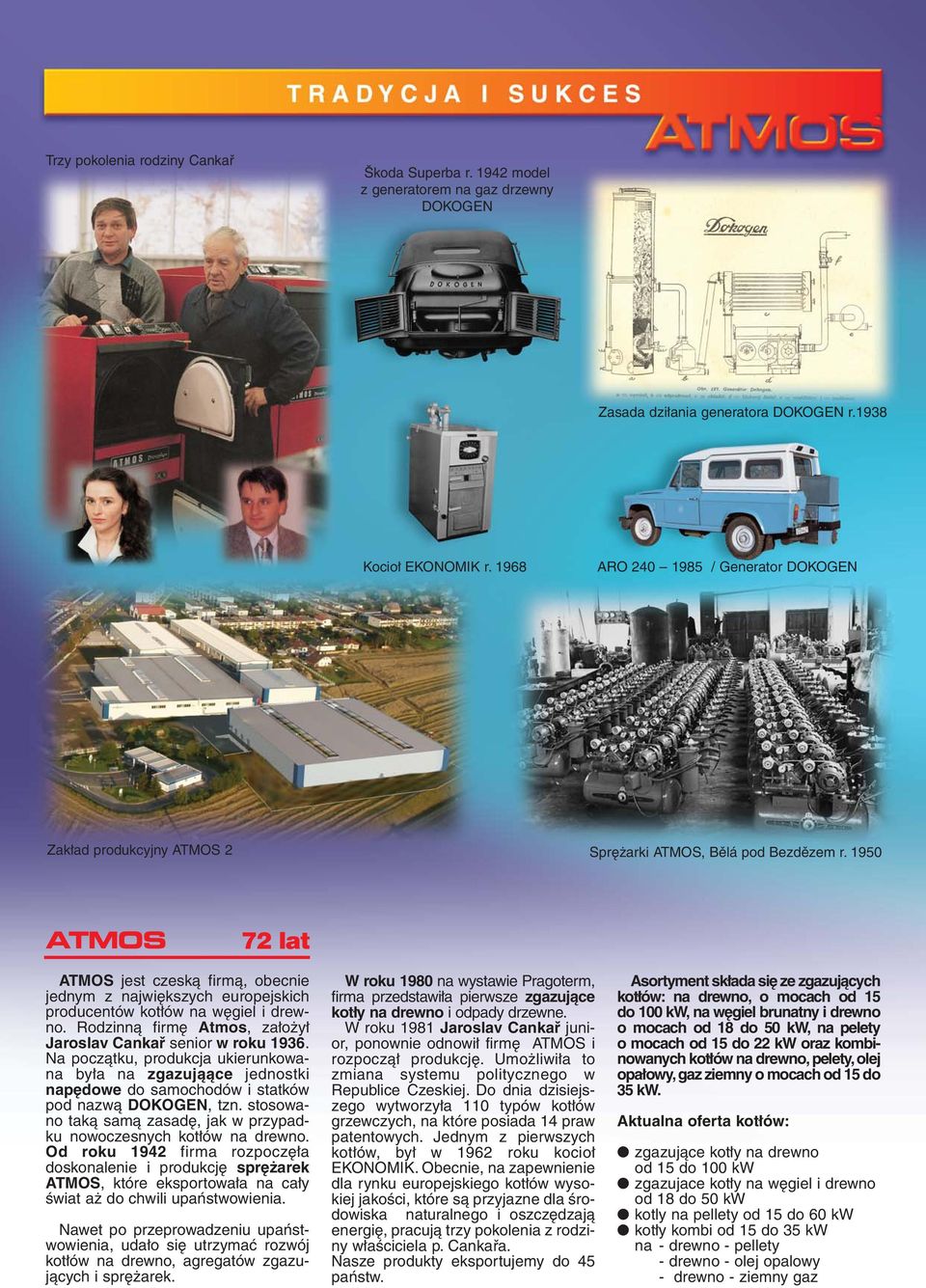 1950 ATMOS 72 lat ATMOS jest czeską firmą, obecnie jednym z największych europejskich producentów kotłów na węgiel i drewno. Rodzinną firmę Atmos, założył Jaroslav Cankař senior w roku 1936.