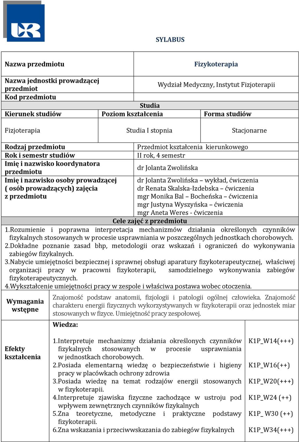 Przedmiot kształcenia kierunkowego II rok, 4 semestr dr Jolanta Zwolińska dr Jolanta Zwolińska wykład, ćwiczenia dr Renata Skalska-Izdebska ćwiczenia mgr Monika Bal Bocheńska ćwiczenia mgr Justyna