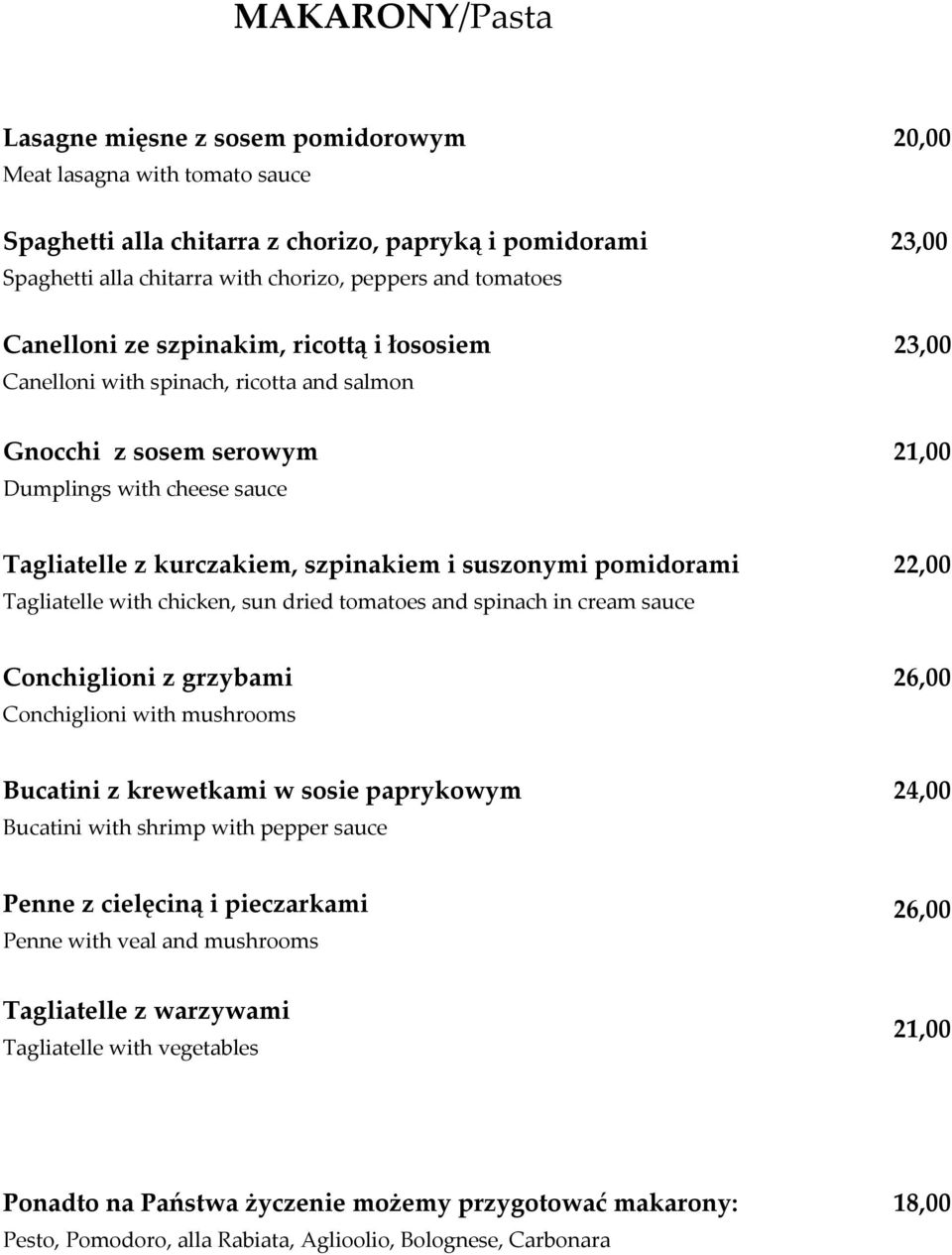 i suszonymi pomidorami Tagliatelle with chicken, sun dried tomatoes and spinach in cream sauce 22,00 Conchiglioni z grzybami Conchiglioni with mushrooms 26,00 Bucatini z krewetkami w sosie paprykowym